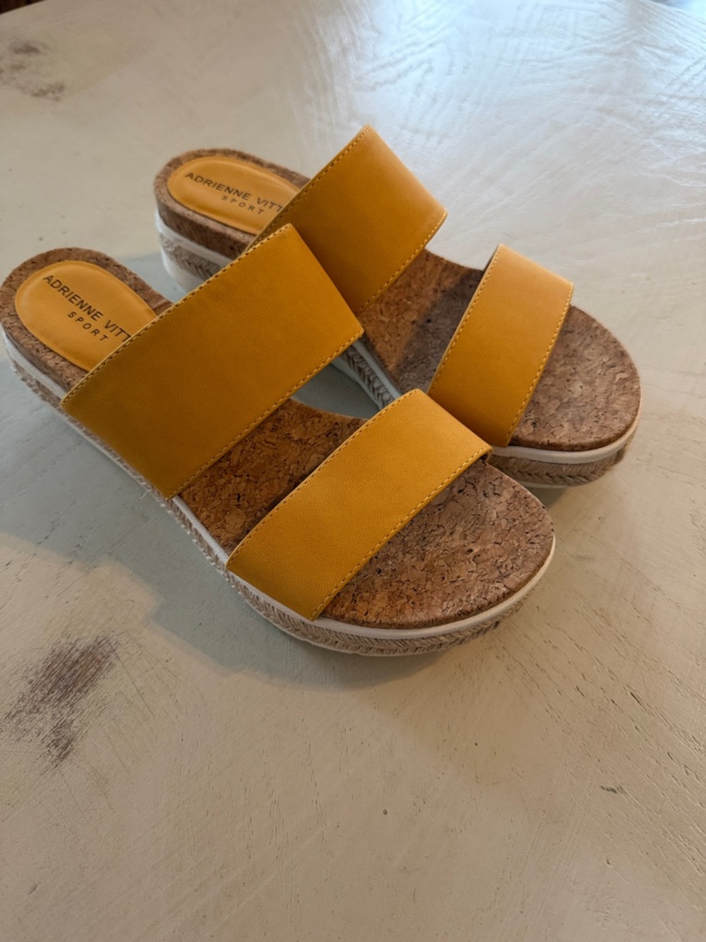 Adrienne Vittadini Mustard Double-Band Cork Wedge Slide Sandals 8.5 EUC